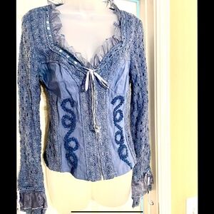 RARE VINTAGЕ BLUE  EMBROIDERED  CORSET TOP with crochet and lace details, Size M